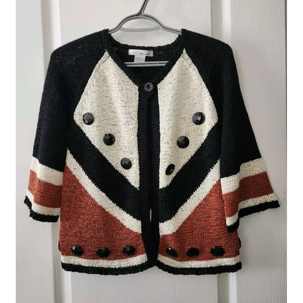 WD-NY Womens Knit Cardigan 3/4 Sleeve Single Button Closure Cotton Blend Black S